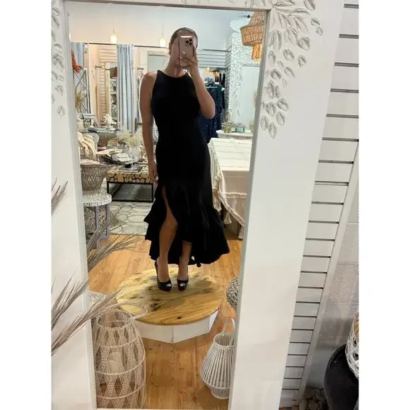 Betsy & Adam Arielle Scuba Crepe Ruffle Slit Asymmetrical Maxi Gown Black Size 8 - Picture 8 of 12